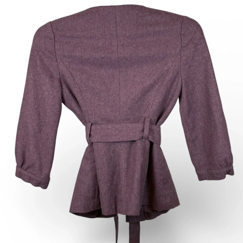 Tabitha Anthropologie Purple Wool Blend Ruffle Belted Jacket‎ Size 2 Snap Front